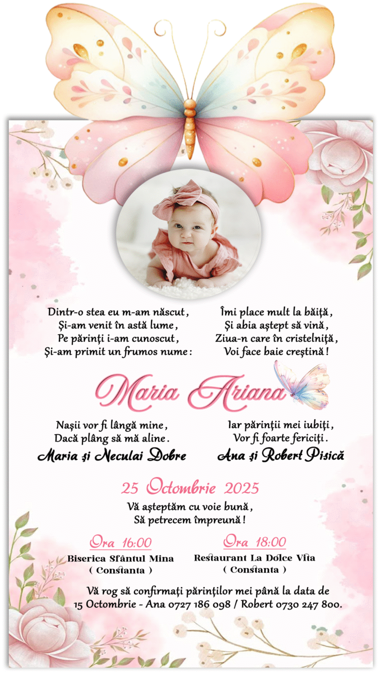 invitatie scurta plic fluture botez