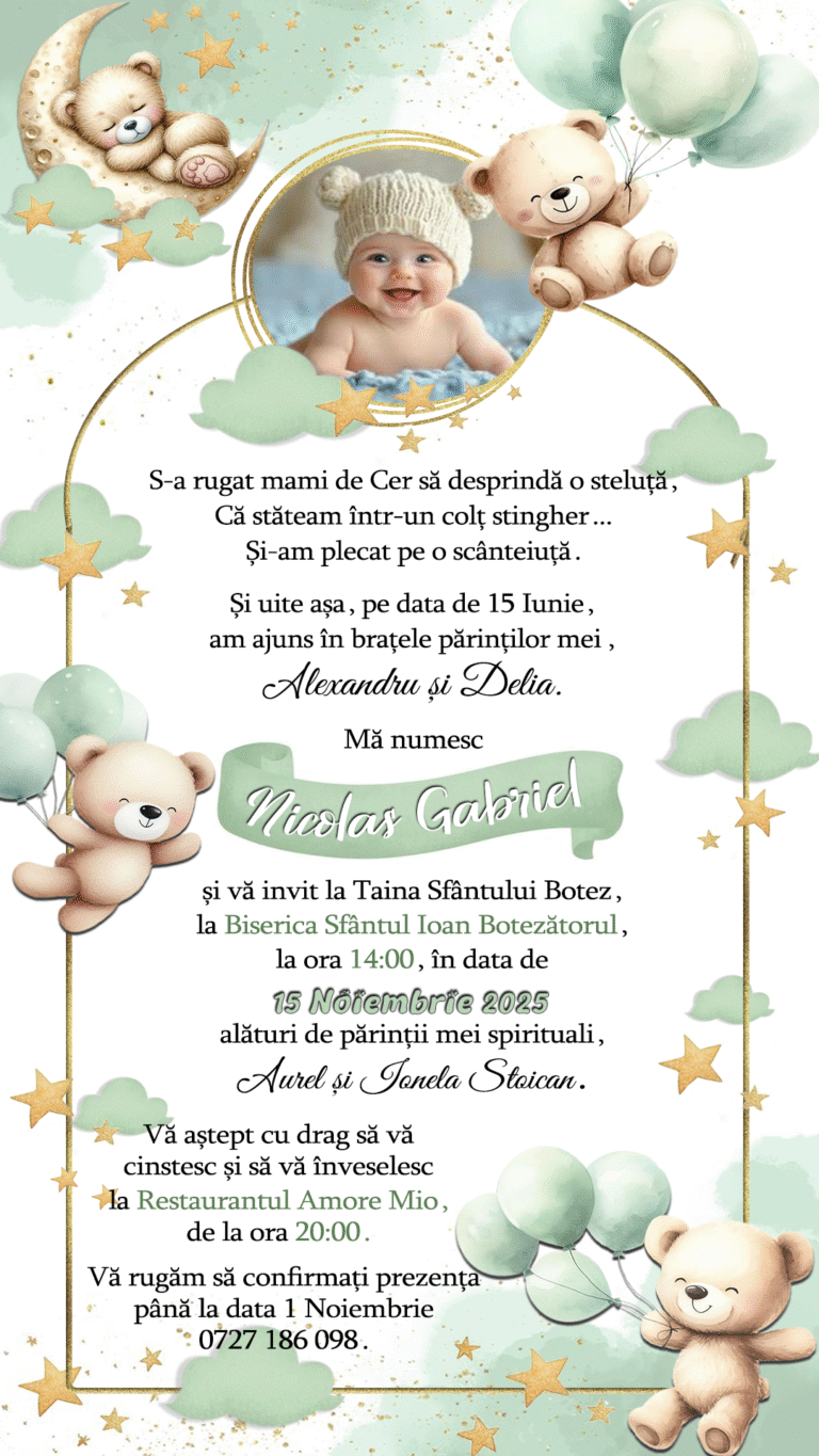 invitatie scurta plic urs verde scurta